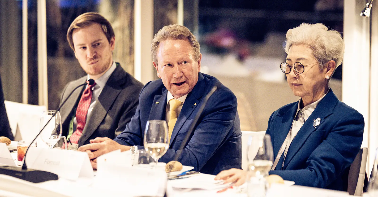 Andrew Forrest sits at a long table speaking into a podium microphone. He is wearing a blue suit jacket, white shirt and yellow and light blue patterned tie. He wears a pin of the Ukraine flag on one of his lapels. To the left is a younger male delegate from the US, wearing a suit and red tie. To the right is an older female delegate from China, wearing a blue suit and a large enamel brooch.