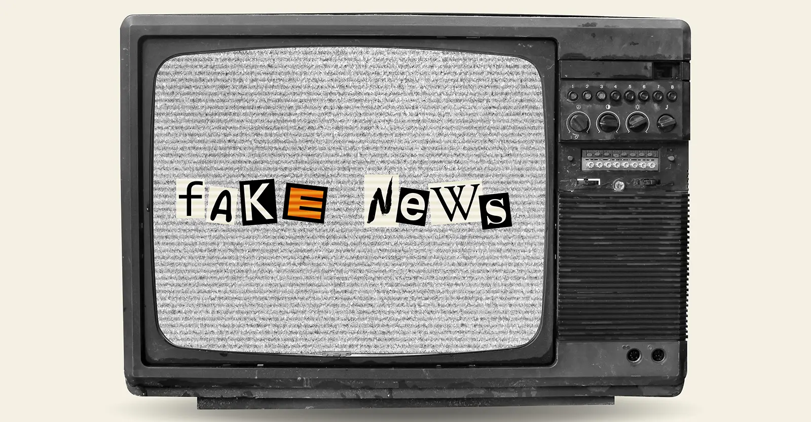 A creative image of an old, beaten up television sitting isolated on a light background. On the screen is a static-patterned background, over which the words 'fake news' are spelled out in letters that are made to look as though they are cut out from a variety of different newspaper or magazine articles.