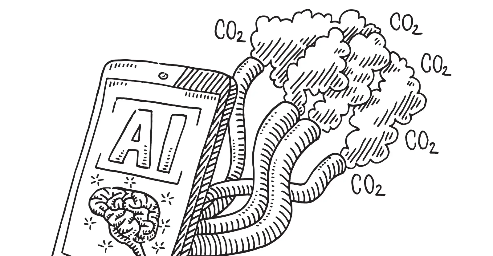 A hand-drawn illustration of a mobile phone. On the screen, there is 'AI' and a picture of a brain surrounded by sparkles. Coming out of the phone are four curving exhaust pipes, with clouds emitting from them. Surrounding the clouds are several words saying 'CO2'.