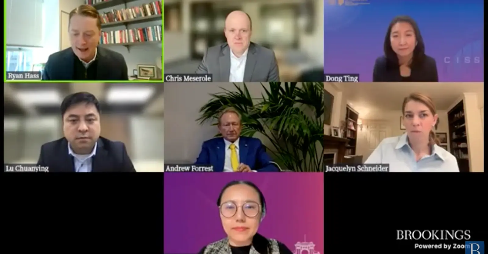 A screenshot of a video call. There are three women and four men with their cameras pictured in the grid layout of the call.