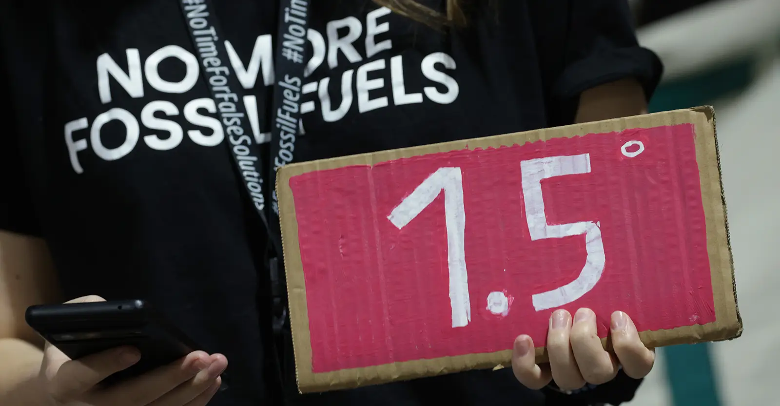 A protestor wearing a black t-shirt that says 'NO MORE FOSSIL FUELS' holds a cardboard sign saying '1.5°', handpainted in white on a painted red background. The photo is framed from below their neck to above their waist, so their face cannot be seen.