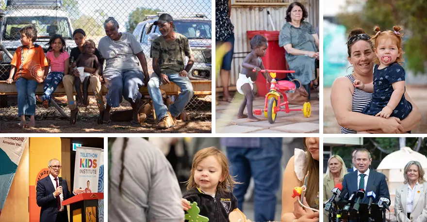 A collage of photos of EYP announcements, showing families and young children in playgroups and Indigenous communities; and politicians talking at podiums at press conferences.