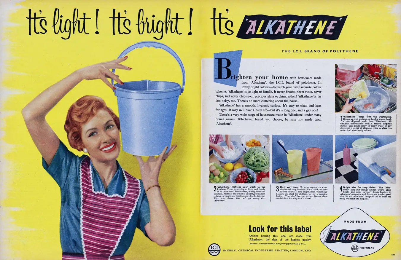 A historical advertisement poster promoting Alkathene polythene with images of housewares and a woman in apron holding a bucket.