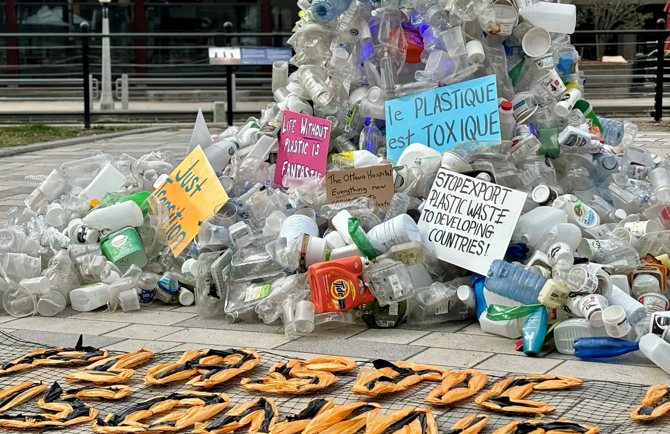 An art installation made in plastics with banners about plastic toxicity.