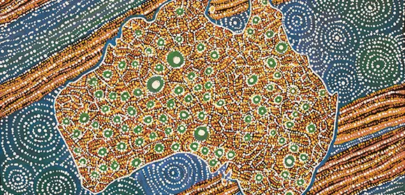 An original artwork by First Nations artist Julianne Wade. It is a dot painting that shows an outline of Australia with symbolic groupings of people to represent the First Nations Traditional Custodians.