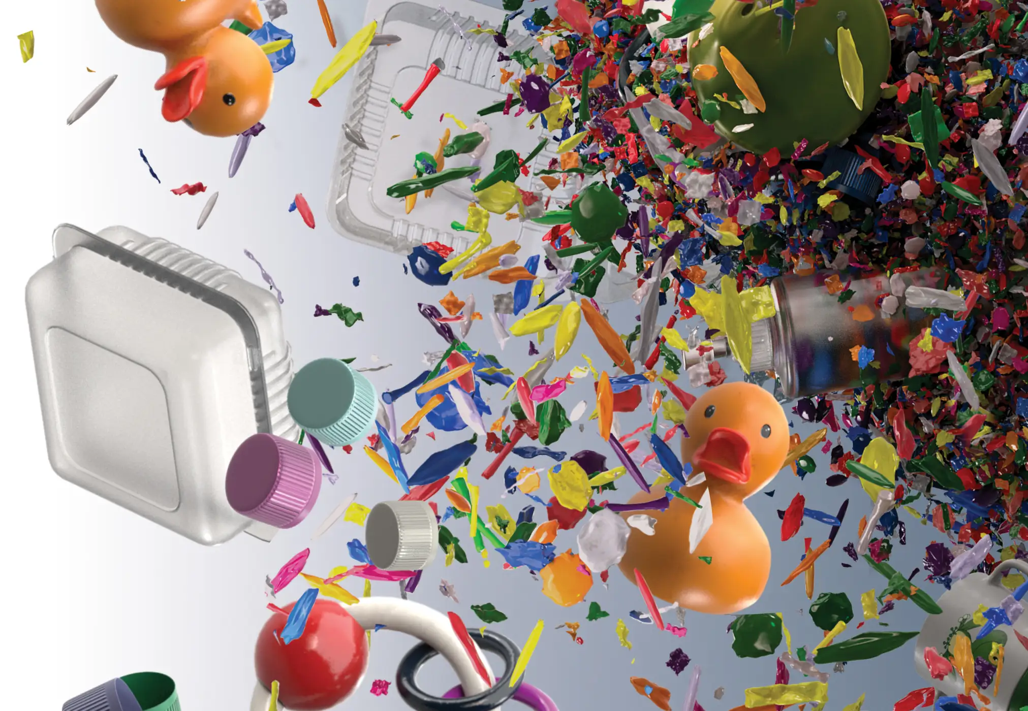 A 3D illustration of a cascade of bright multi-coloured plastic fragments. Amongst the bits of plastic are recognisable items, such as rubber ducks, plastic food containers and bottle caps.