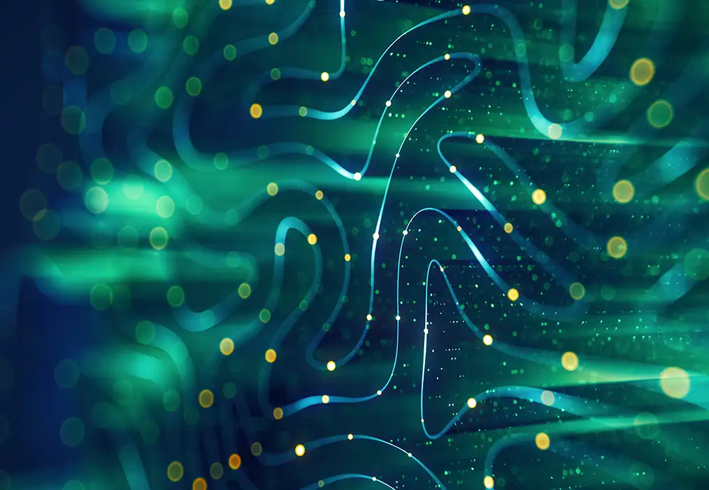 An abstract digital illustration featuring flowing blue and green lines with glowing yellow particles, evoking a sense of data flow or neural networks
