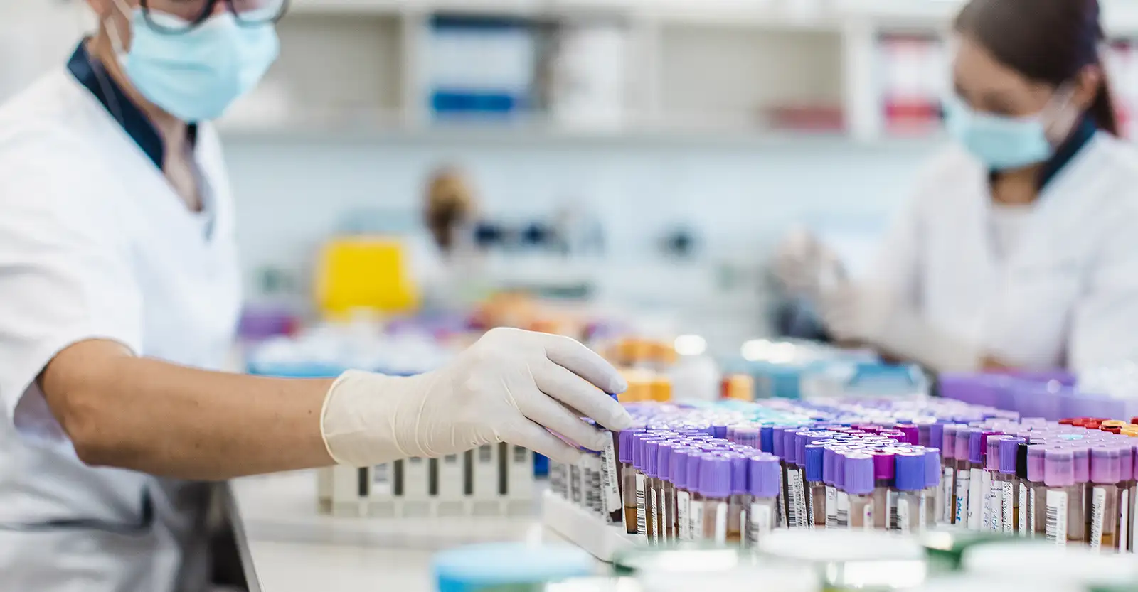 Two researchers work on a lab bench with many blood samples in tubes with brightly-coloured tops. The researcher in the foreground is reaching out to pick up one of the samples.