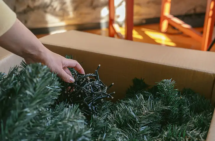 A hand reaches into a large cardboard box with an artificial Christmas tree and Christmas lights in it.