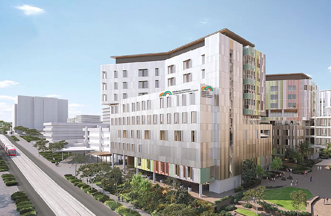 An architectural rendering of a large modern multi-storey building with a rainbow logo that reads Minderoo Children’s Comprehensive Cancer Centre.