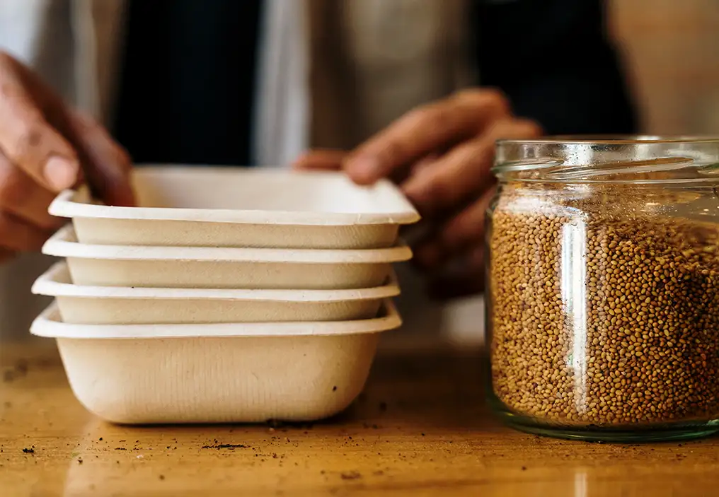 A close up of hands stacking compostable cardboard food containers. A jar next to the containers is full of what look like mustard seeds.
