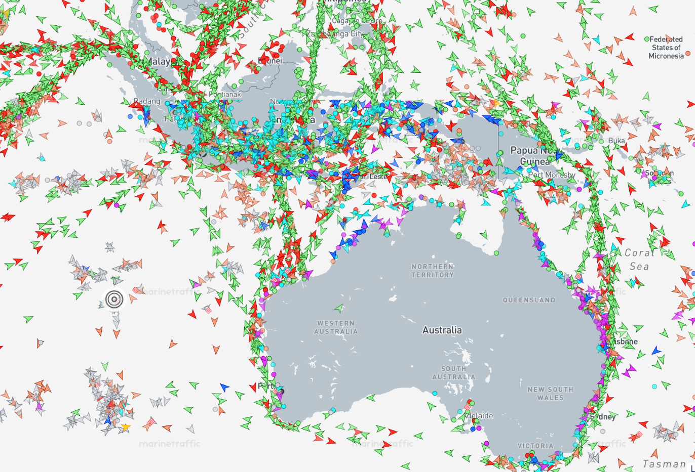 A map of Australia and south east Asia, with many small brightly coloured arrows showing the various voyages that have been taken in the seas around these areas.