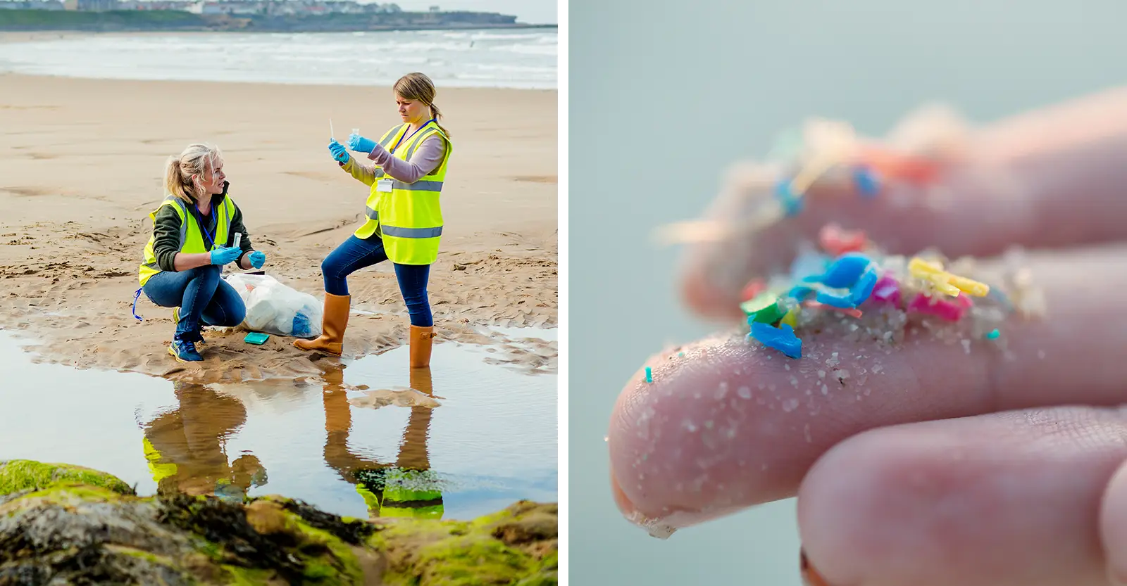 A collage of two images - in the left image, two women in yellow high-vis safety vests and blue sterile gloves stand on sand next to a rocky tidal pool at the beach, holding small sample containers. To the right, a close up of a hand holding a sample of sand in which there are multiple pieces of small, brightly coloured plastic fragments.