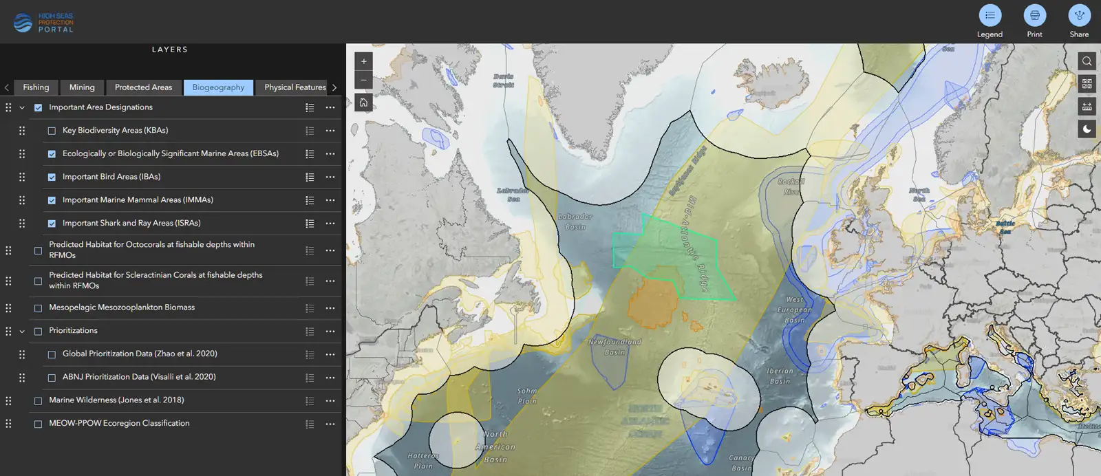 A screenshot of the High Seas Protection portal, a map in monotone colours showing the Atlantic. Overlaid on this map are see-through coloured areas depicting the various filters that have been turned on.