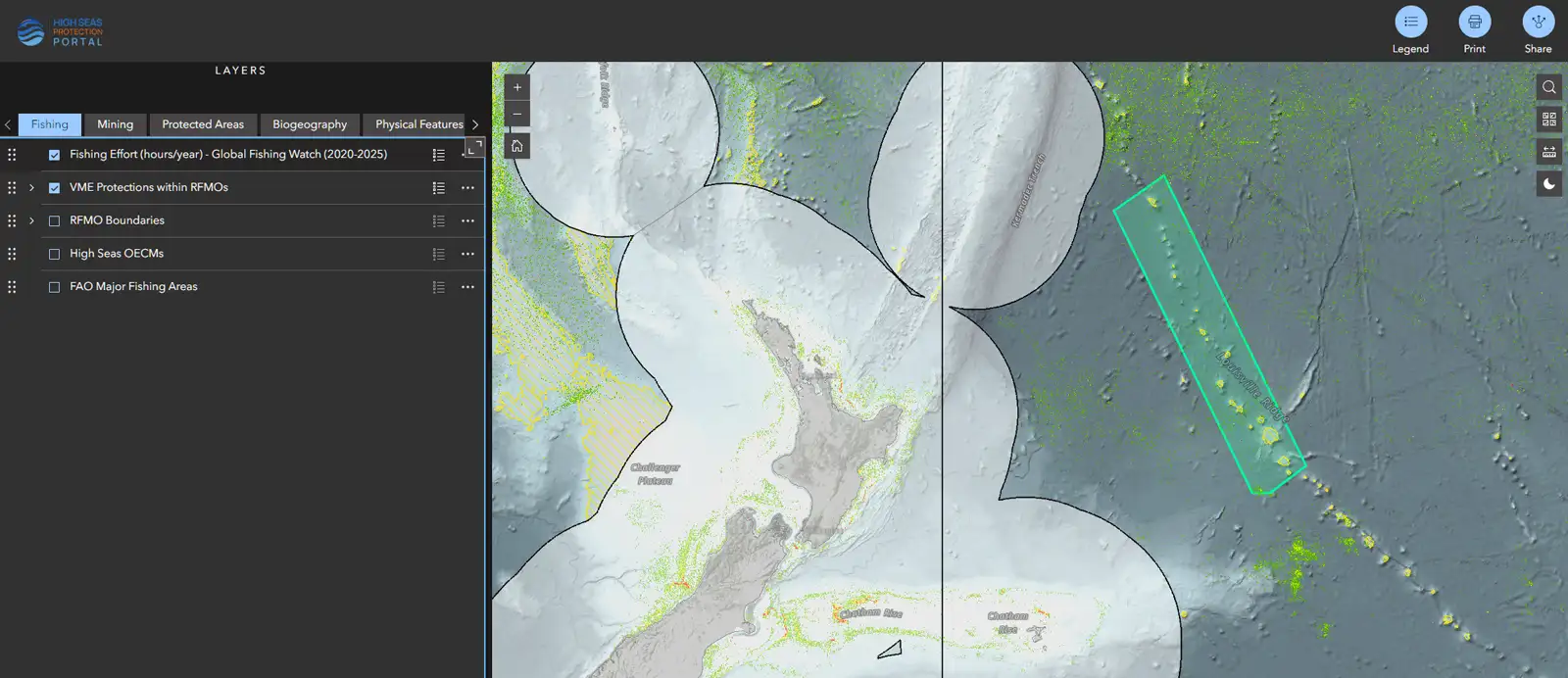 A screenshot of the High Seas Protection portal, a map in monotone colours showing New Zealand and the South Pacific Ocean. Overlaid on this map are see-through coloured areas depicting the various filters that have been turned on.