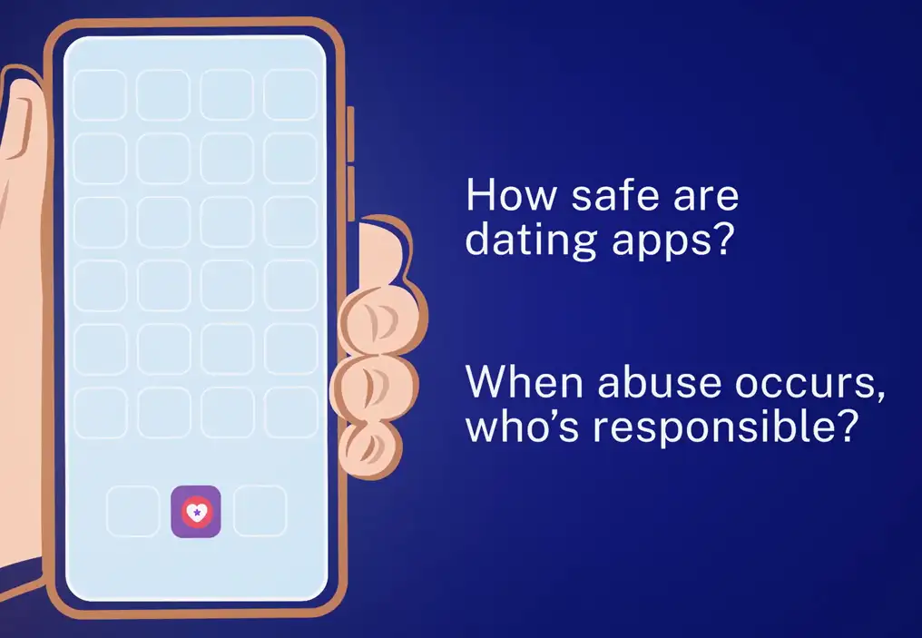 A still from the Keyframe BIT report video, with a cartoon of a hand holding a mobile phone, and the two points ‘How safe are dating apps?’ and ‘When abuse occurs, who’s responsible?’ in white text on a purple background.