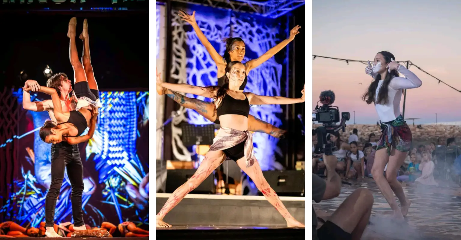 A collage of three images of young Indigenous dancers. In the left image, a young man supports a young woman in an impressive upside down lift. In the background are other dancers lying on the floor, and the backdrop is a projection of a close of up hands doing traditional Indigenous weaving. In the middle, a young woman jumping almost into full splits is behind another young woman in a star shape. The backdrop is a projection of blue and white abstract artwork. To the right, a young woman in traditional white facepaint performs a traditional dance outside at sunset, with a large group of primary aged children watching on.