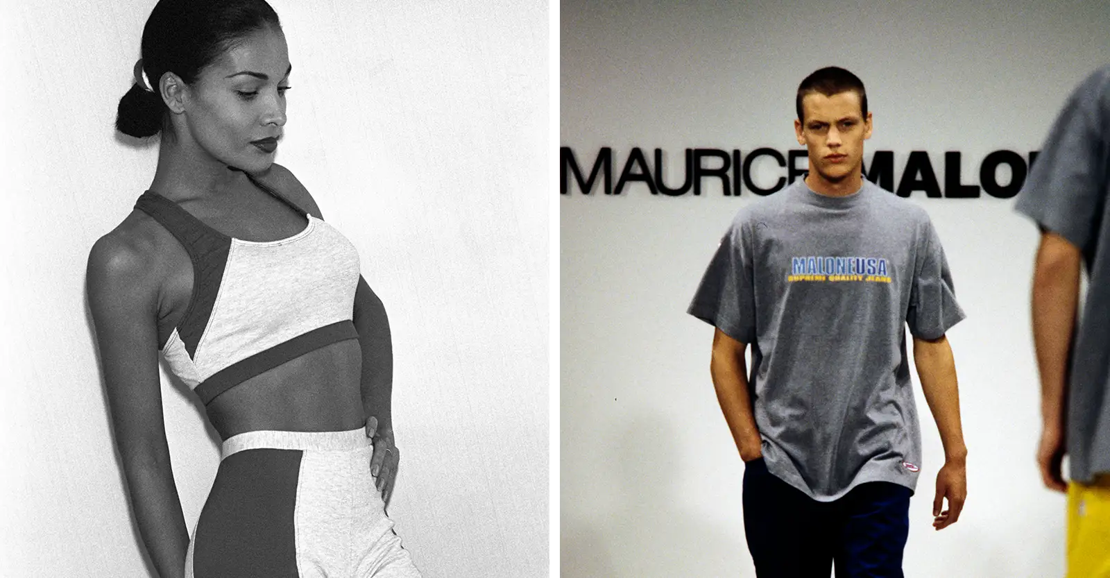 A montage of two images, to the left a black and white glamour model shot of a woman in a crop top and figure hugging bike shorts, that are visibly made out of a natural cotton fibre. To the right, a male model walks down a catwalk wearing a grey loose fitting cotton t-shirt.