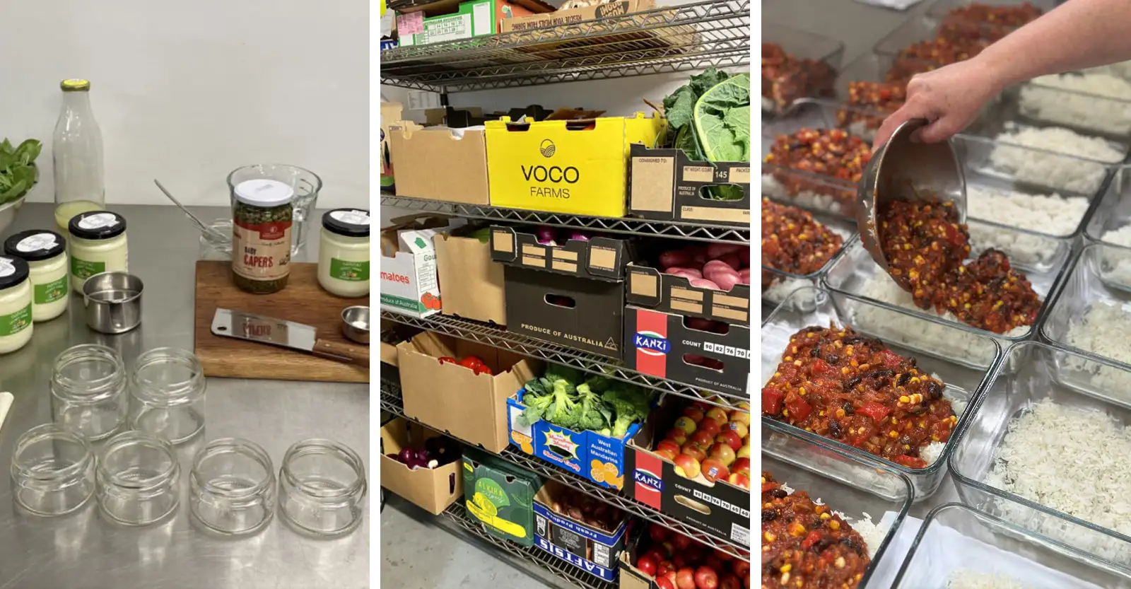 A collage of three images of food storage and prep avoiding plastics. To the left, a stainless steel kitchen bench with a number of empty glass jars on it, with some jars full or mayonnaise behind. In the centre, wire shelving with a number of cardboard containers full of fruits and vegetables on each shelf. To the right, a hand tipping chili con carne made with beans and corn into a glass container with white rice already in it. This meal is surrounded by other glass containers with the same food in them.