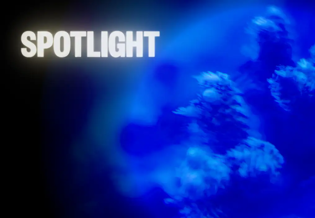A photo of coral, under bright blue light in an aquarium, in a rounded circle on a black background. At top left there is the title 'SPOTLIGHT' in glowing white letters.