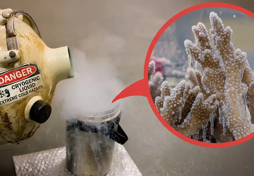 A picture of a steel cryo container having cyrogenic liquid poured into it from a large flask with a danger sign on it. In the foreground is a red circle with a tail indicating it is showing what is inside the cryo container: a frozen piece of coral.