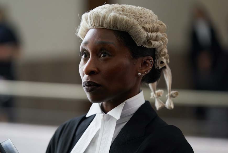 Cynthia Erivo wears a barrister’s wig as Tessa in the film adaption of Prima Facie.