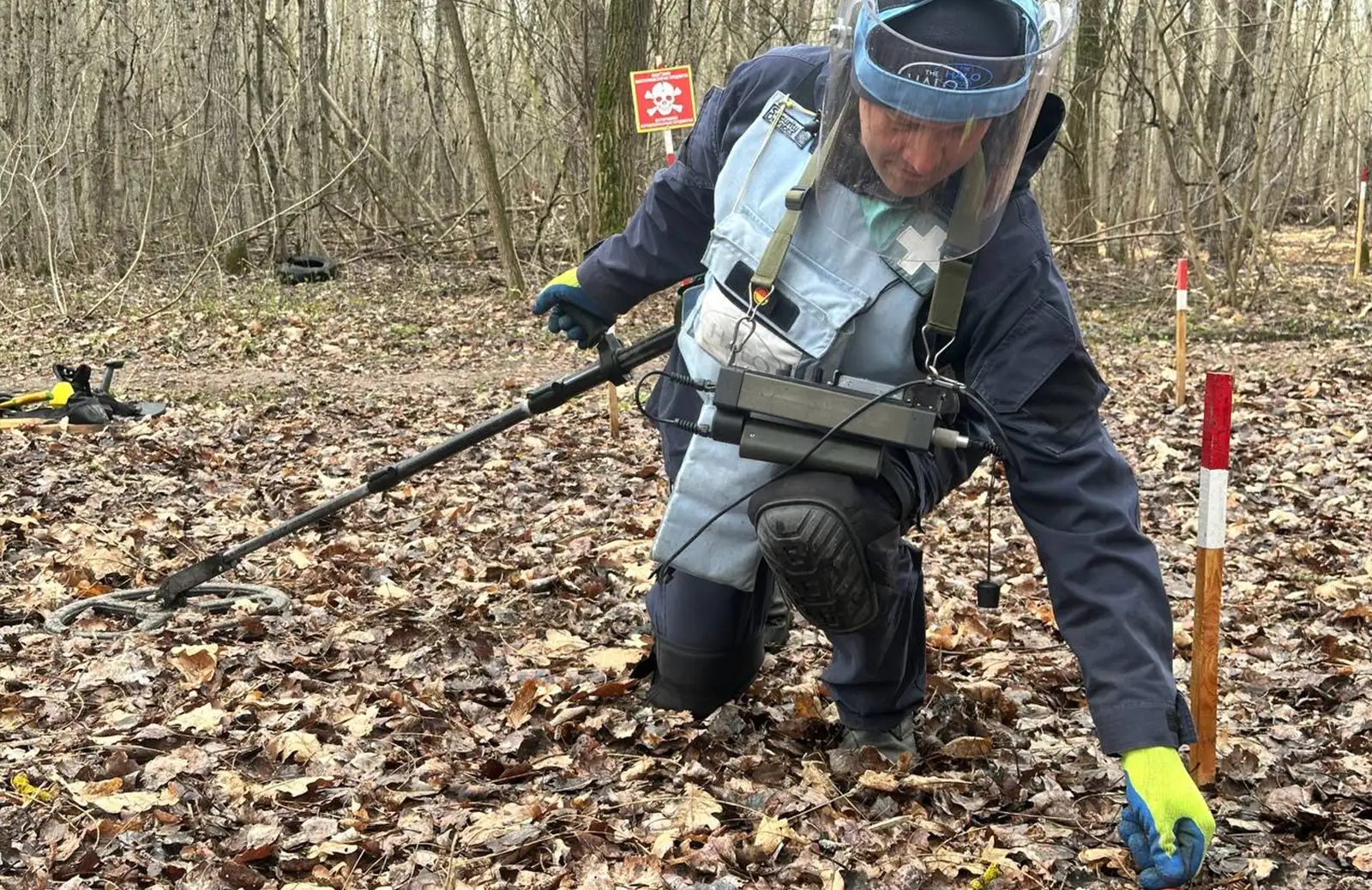 A man wearing blast shield safety equipment, including a padded vest and a full face visor, kneels down on a forrest floor covered in brown leaves. He carries a metal detector and is placing a marker on the ground next to a wooden stake painted with a white and a red stripe.