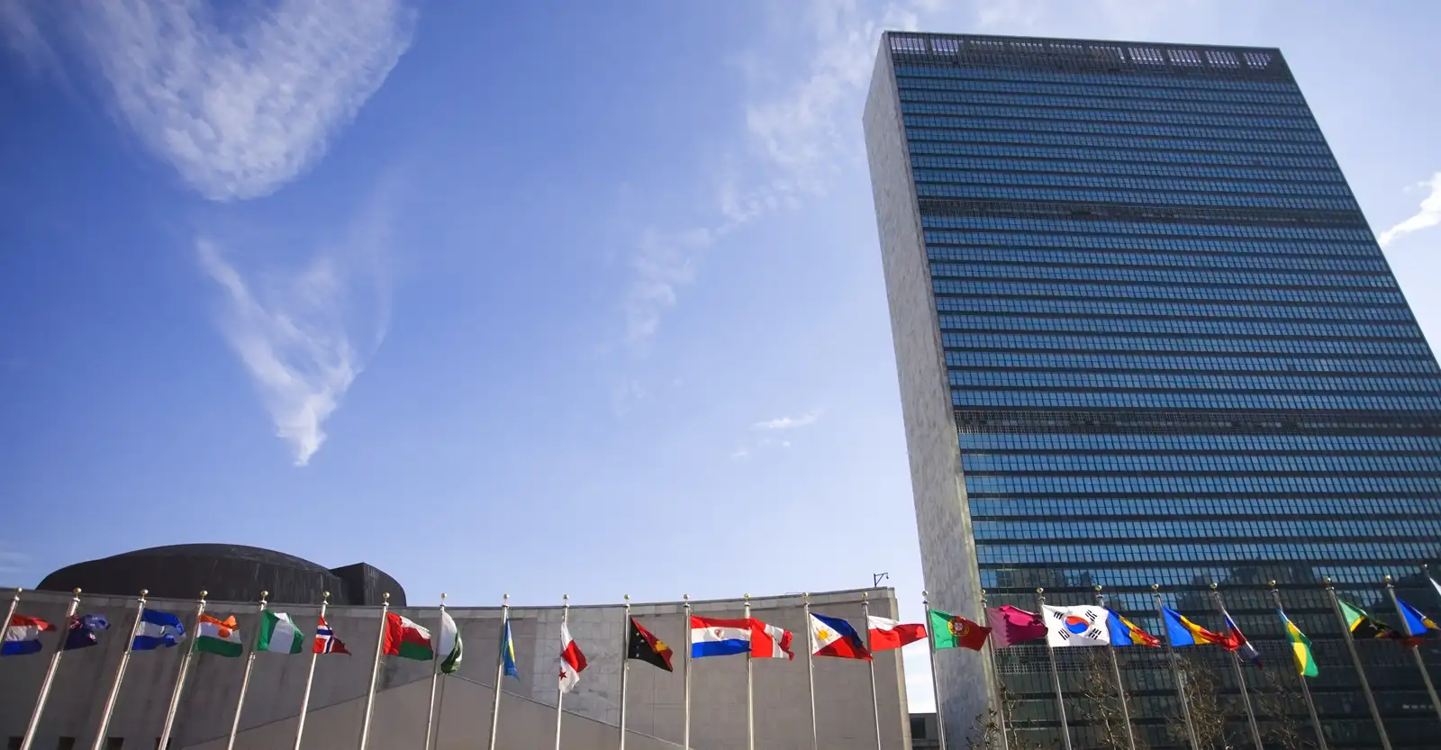A low angle image of the UN building in New York - very rectangular with lots of blue glass. In front of the building, at the bottom of the photo, are a number of flag poles with various countries' flags flying on them.